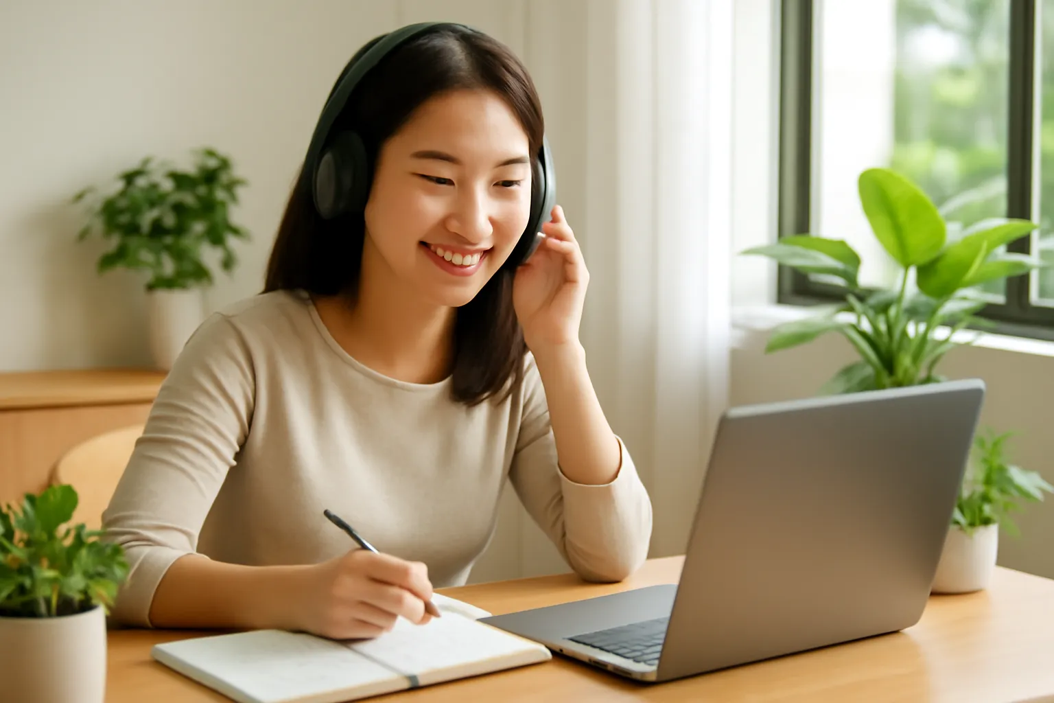 Người phụ nữ ngồi bàn làm việc ở nhà, đeo tai nghe, mỉm cười khi nghe lại đoạn âm thanh vừa tạo
