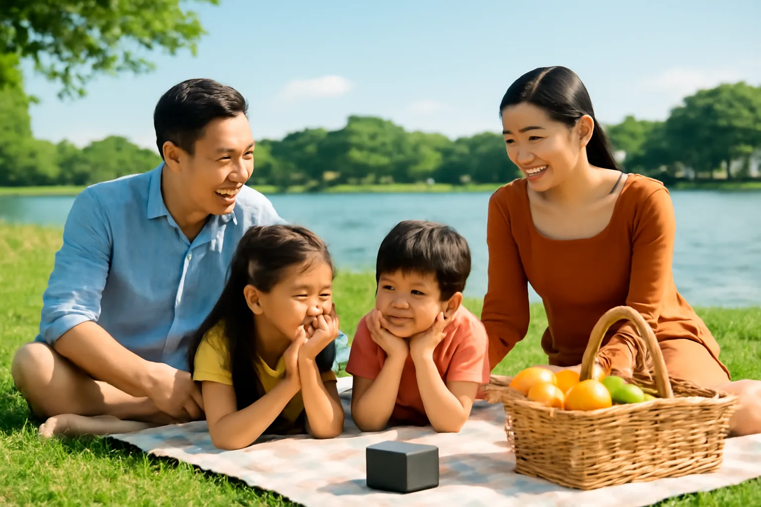 Gia đình bốn người đi dã ngoại trên bãi cỏ ven hồ, chiếc loa nhỏ đặt trên tấm thảm cạnh giỏ đồ ăn