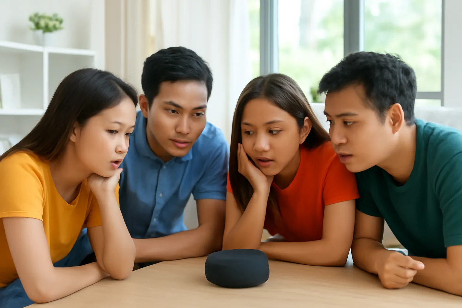 Nhóm bạn trẻ ngồi quanh chiếc loa nhỏ trên bàn cà phê, chăm chú nghe một vở kịch truyền thanh
