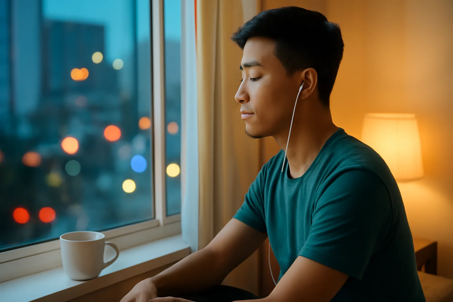 Người đàn ông trẻ ngồi bên cửa sổ căn hộ ban đêm, cốc trà nóng trên bậu, đèn thành phố mờ phía xa