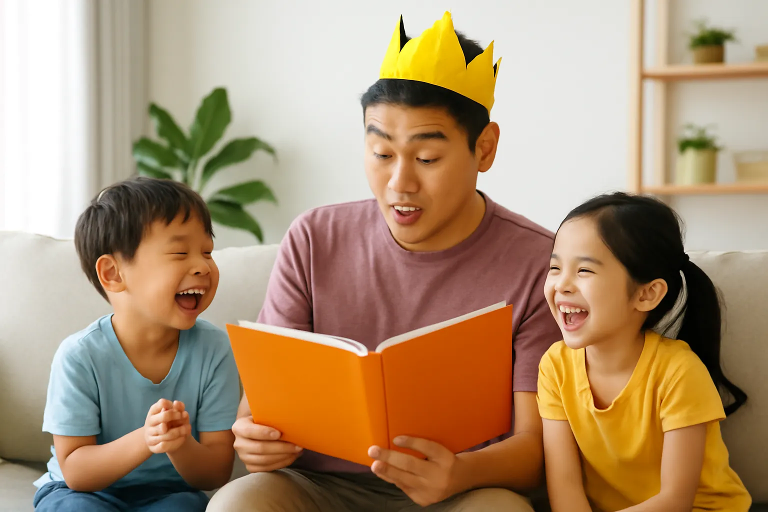 Người bố đội chiếc mũ giấy, giả giọng nhân vật đọc truyện, hai con nhỏ cười ngặt nghẽo trên sofa