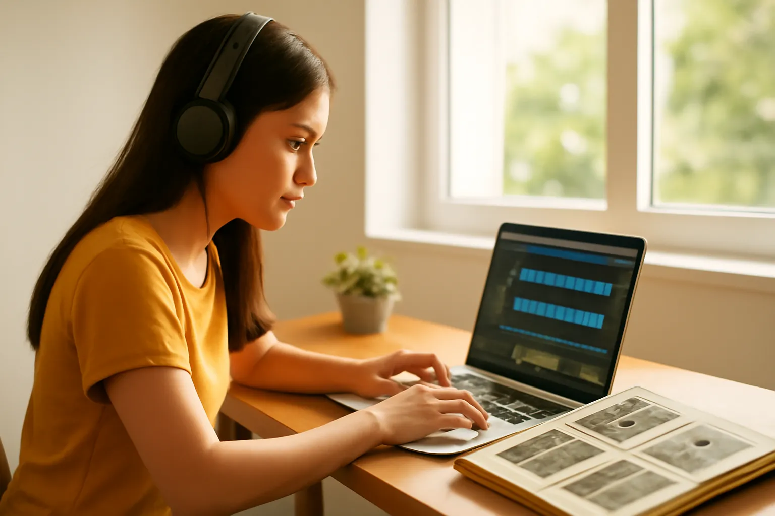 Người phụ nữ trẻ ngồi bên máy tính xách tay đeo tai nghe biên tập âm thanh, bên cạnh là album ảnh gia đình cũ