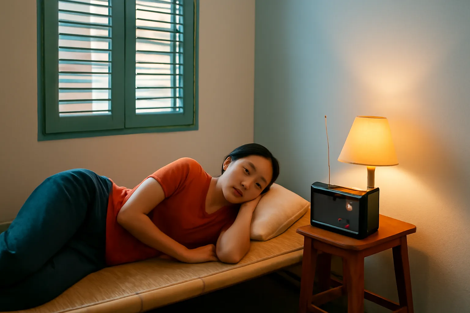 Người phụ nữ nằm nghiêng trên giường tre nghe chiếc đài nhỏ đặt cạnh gối dưới ánh đèn ngủ