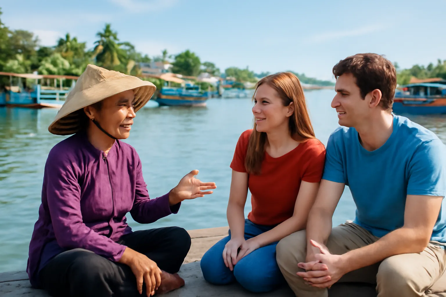 Người phụ nữ miền Trung đội nón lá ngồi bên bến sông kể chuyện cho hai vị khách trẻ