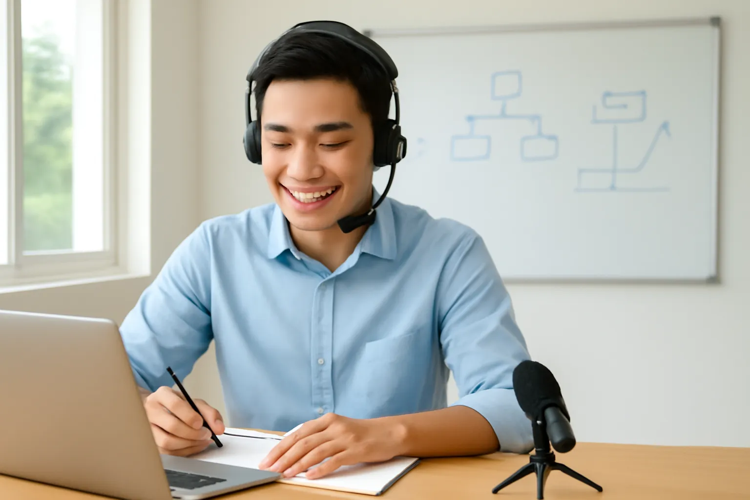 Thầy giáo trẻ ghi bài giảng âm thanh bên bàn làm việc, cạnh là bảng trắng vẽ sơ đồ không chữ