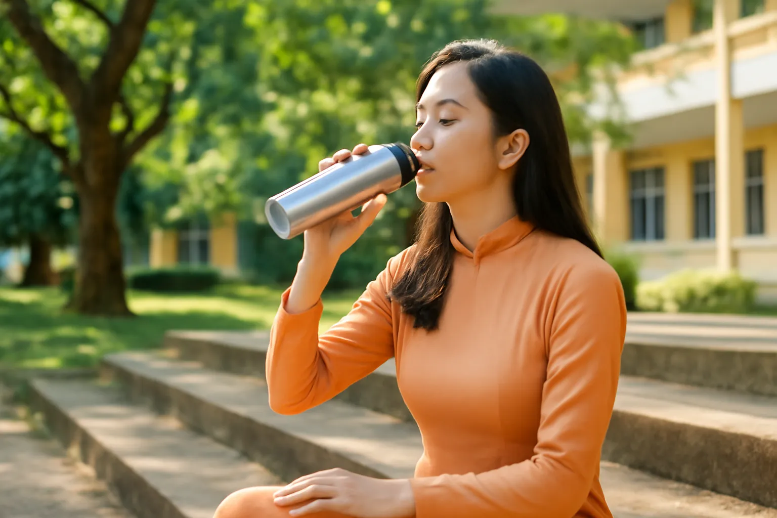 Cô giáo trẻ uống nước từ bình giữ nhiệt trong giờ nghỉ, ngồi trên bậc thềm sân trường rợp bóng cây