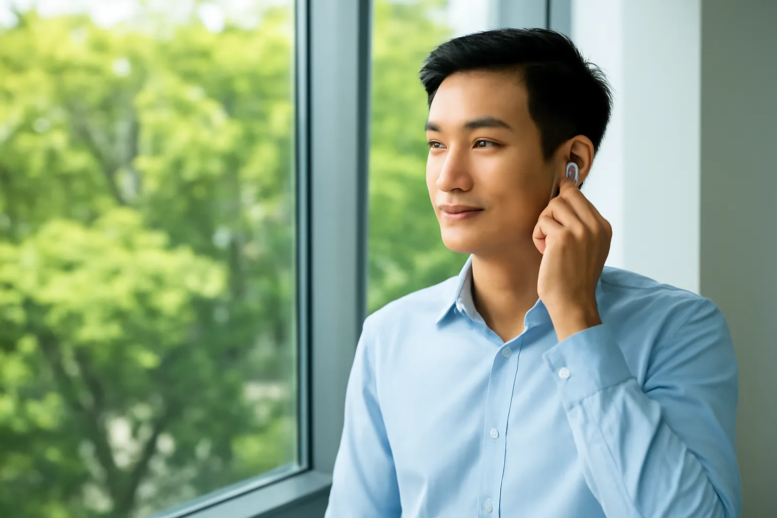 Người phụ nữ trẻ tháo một bên tai nghe khi đứng bên cửa sổ văn phòng nhìn ra cây xanh