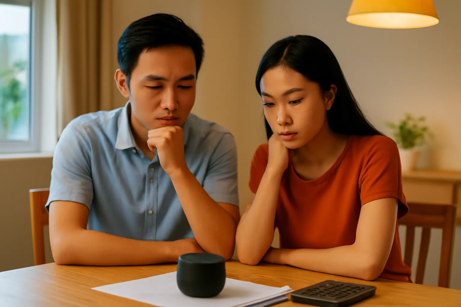 Hai vợ chồng trẻ ngồi bên bàn ăn buổi tối, cùng nghe từ chiếc loa nhỏ, trên bàn có xấp giấy tờ