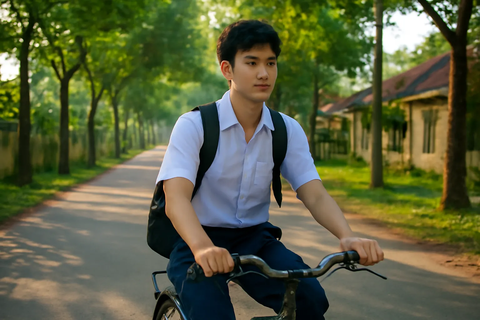 Cậu học sinh đạp xe trên con đường làng rợp cây buổi sớm, một bên tai đeo tai nghe, cặp sau yên xe