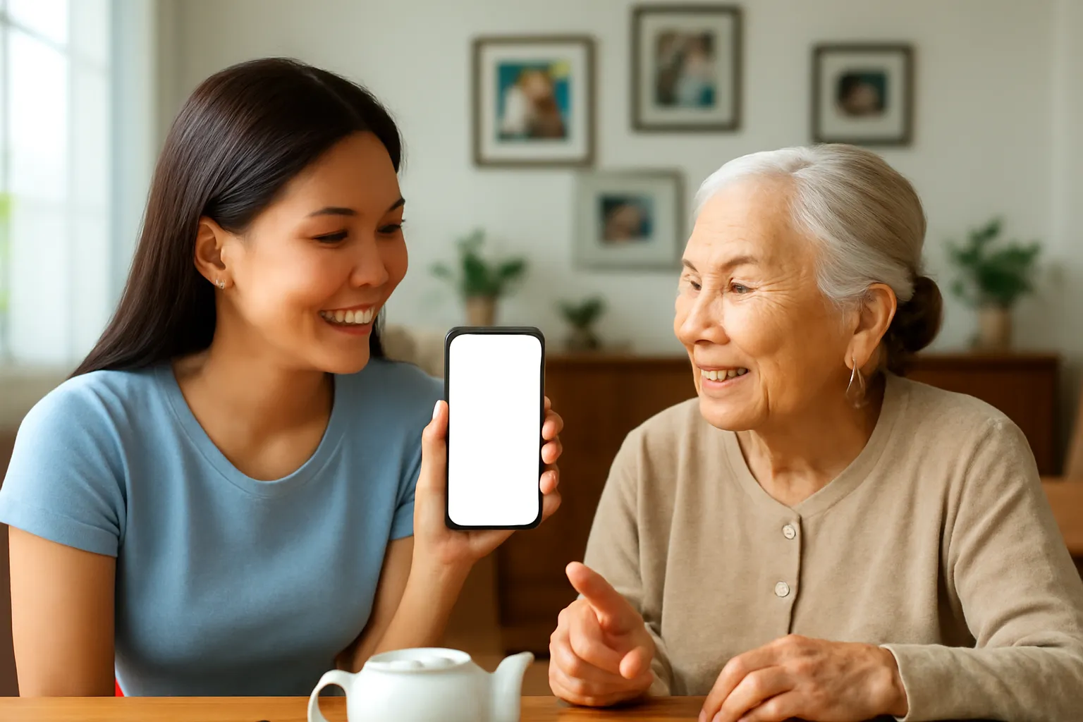 Cháu gái cầm điện thoại ghi âm khi bà kể chuyện bên ấm trà trên bộ bàn ghế gỗ