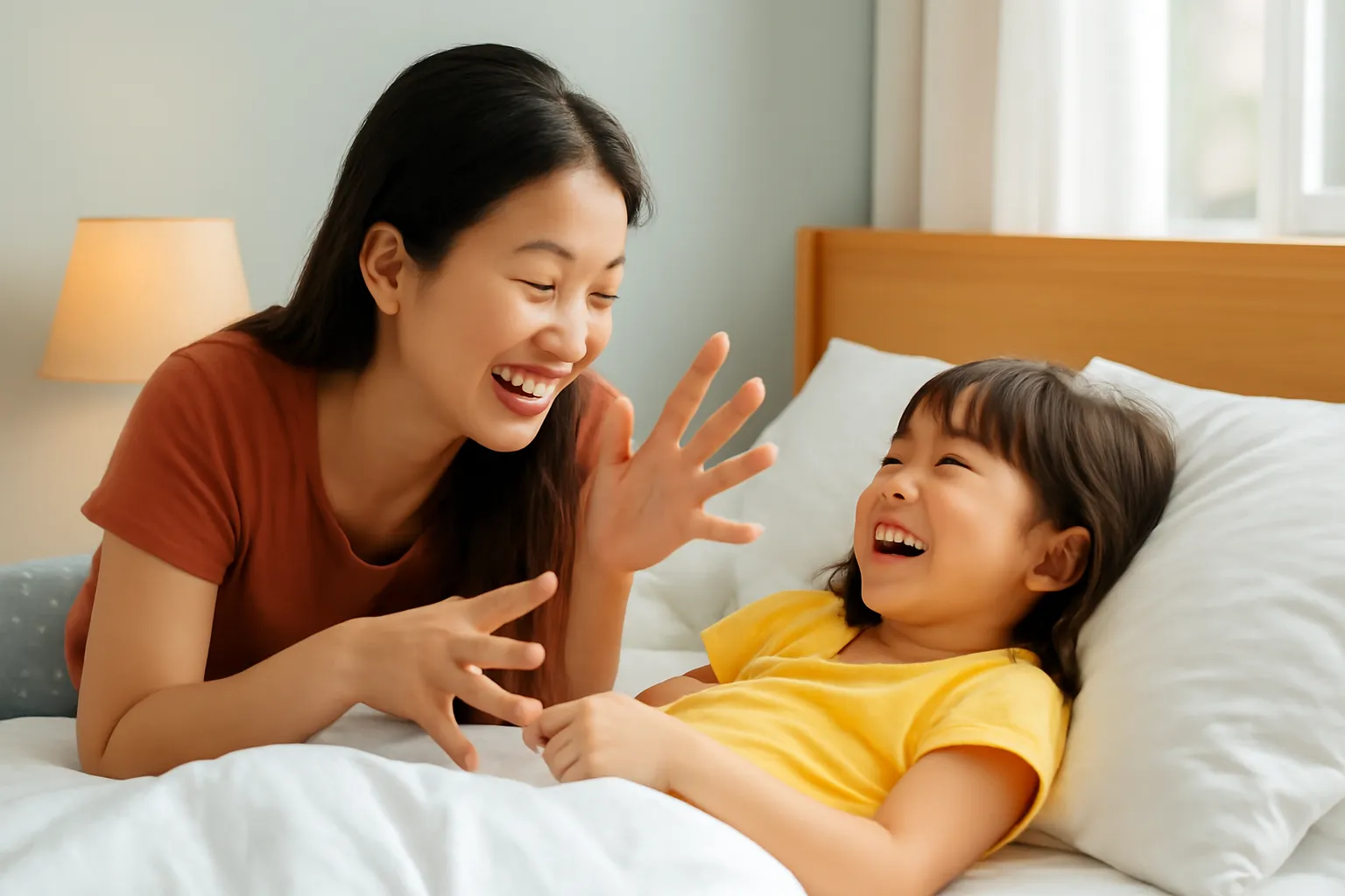 Người mẹ nằm cạnh con gái nhỏ trên giường, cả hai cười khi mẹ kể chuyện bằng tay làm bóng