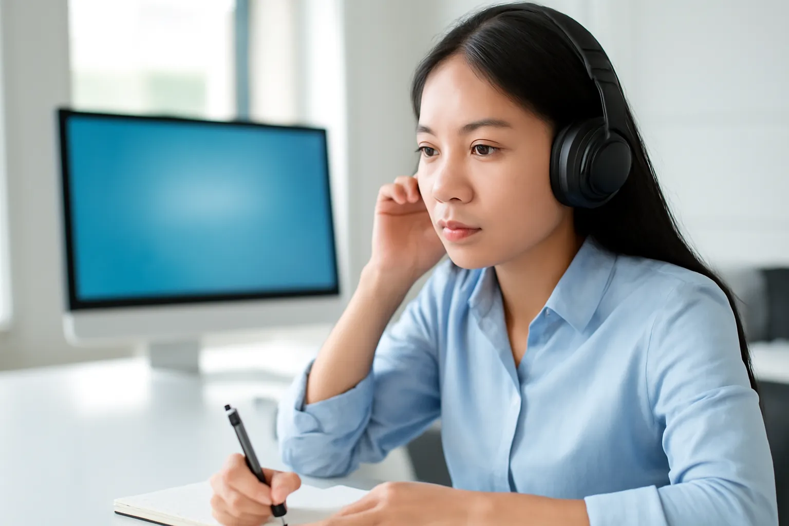 Người kỹ sư trẻ đeo tai nghe chăm chú nghe, sóng âm hiện mờ phía sau trên màn hình lớn ngoài nét