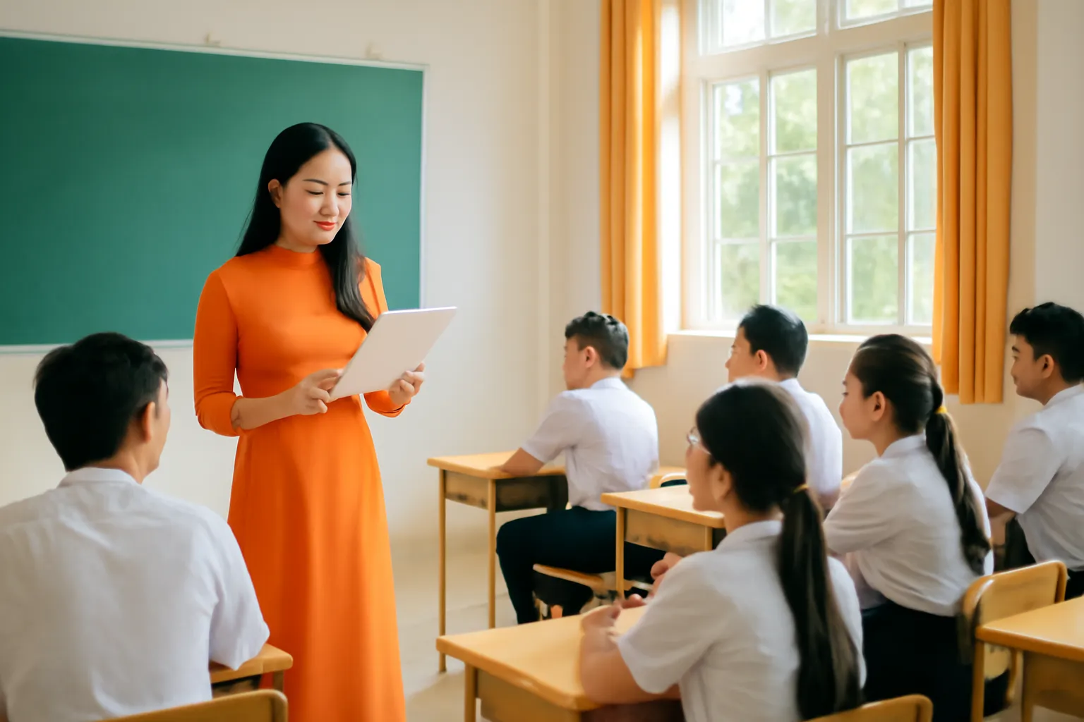 Cô giáo trẻ đứng trước lớp học sáng sủa đọc to từ một tập giấy, học trò ngồi lắng nghe