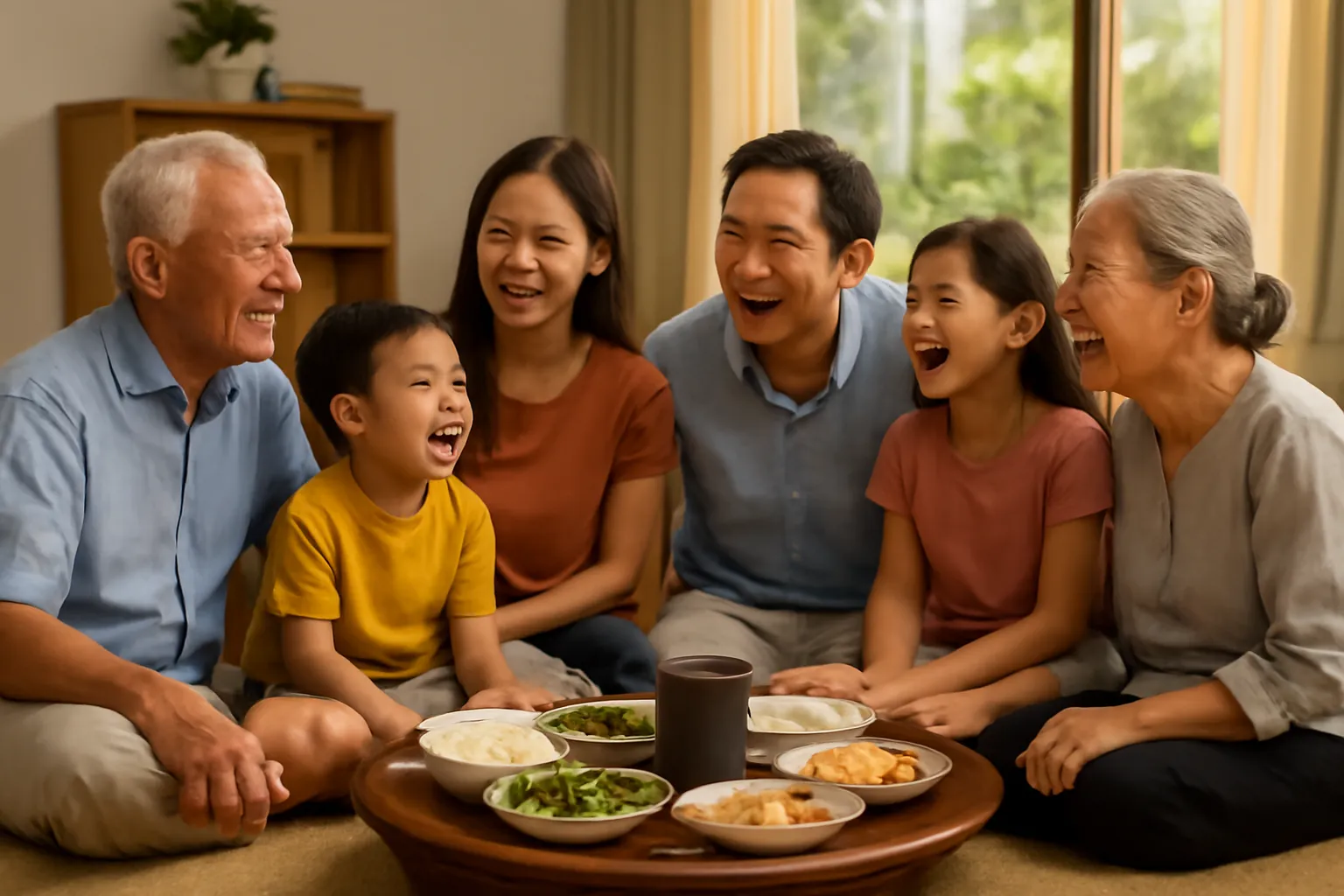 Gia đình ba thế hệ ngồi quanh mâm cơm trên chiếu, chiếc loa nhỏ đặt giữa, mọi người đang cười