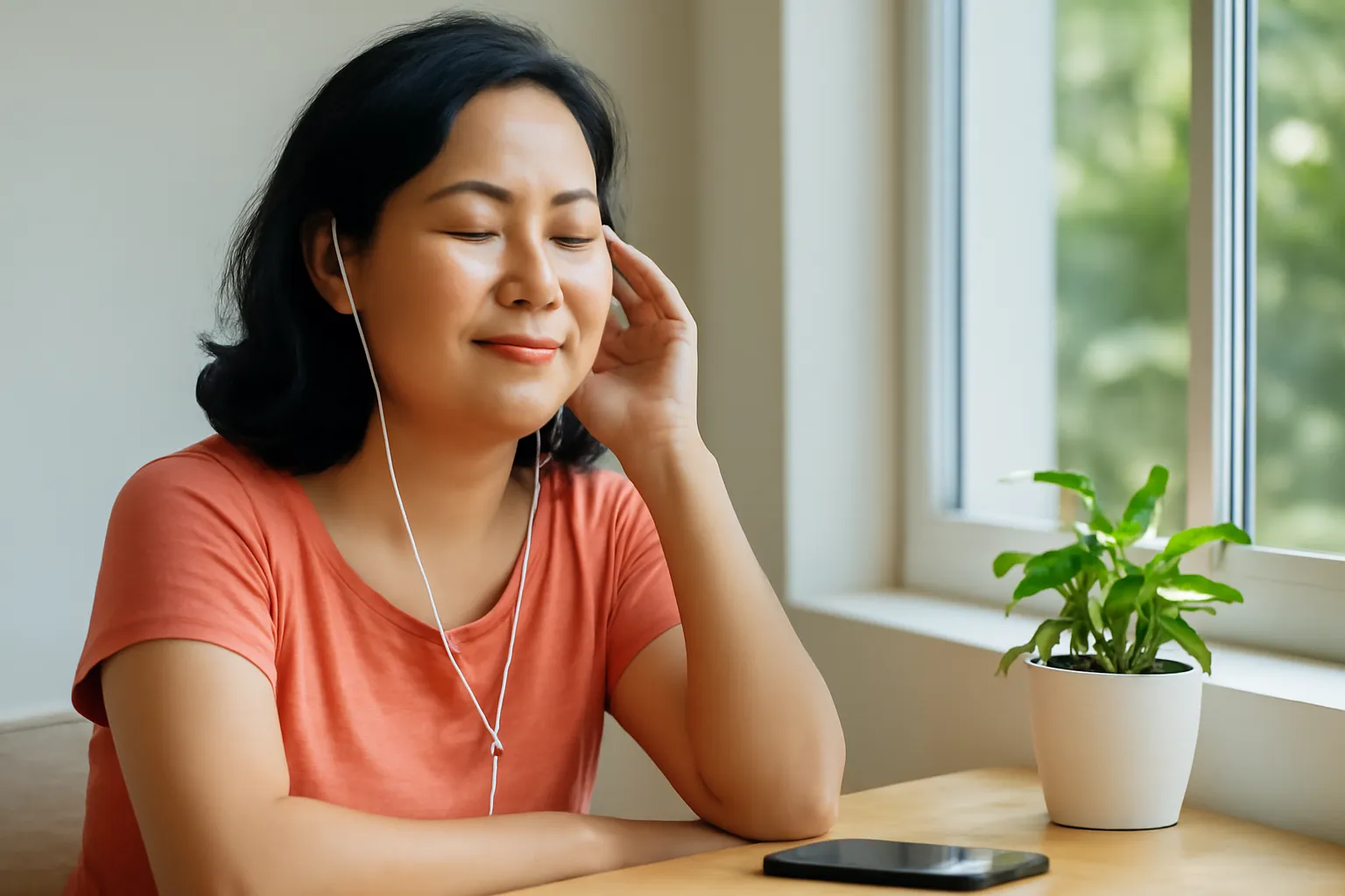 Người phụ nữ ngồi bên cửa sổ nhắm mắt nghe, điện thoại úp xuống trên bàn cạnh chậu cây