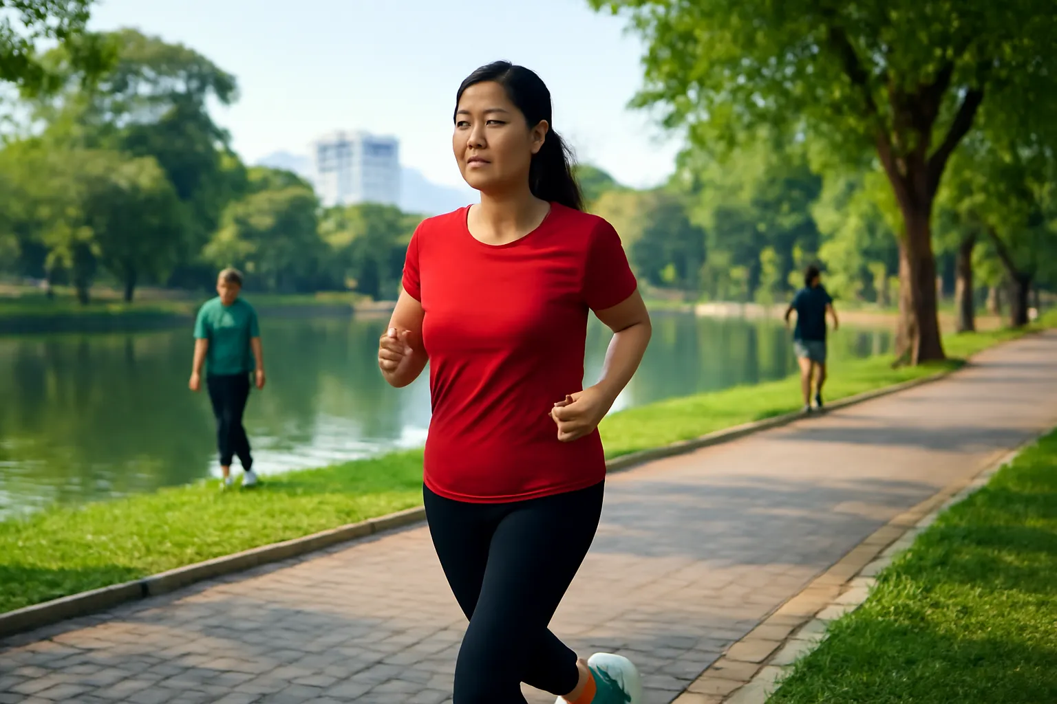 Người phụ nữ trung niên đi bộ nhanh quanh hồ công viên buổi sáng, đeo tai nghe một bên