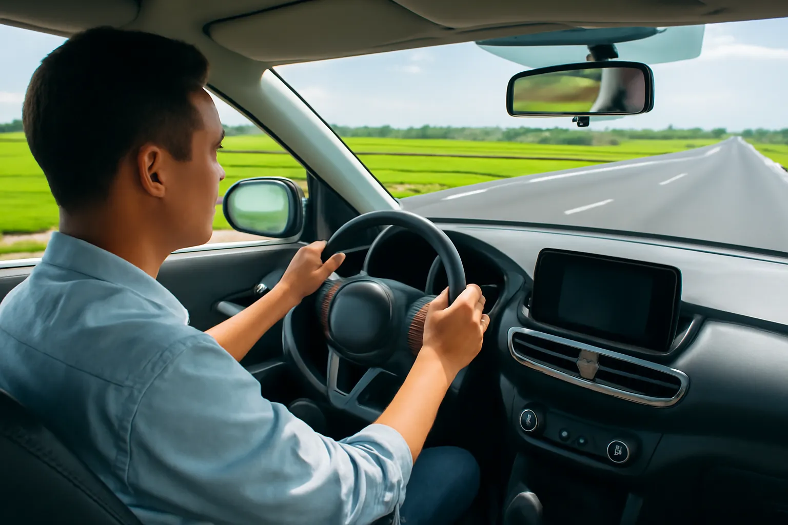 Người đàn ông lái ô tô trên đường cao tốc, hai tay trên vô lăng, điện thoại gắn cố định màn hình tối