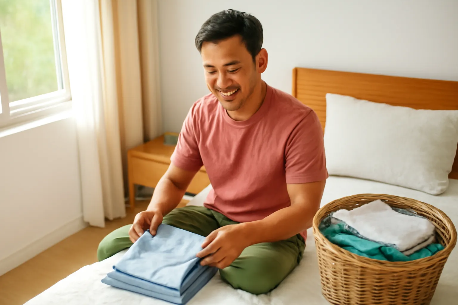 Người đàn ông gấp quần áo trên giường trong căn phòng nhiều nắng, loa nhỏ đặt trên tủ đầu giường