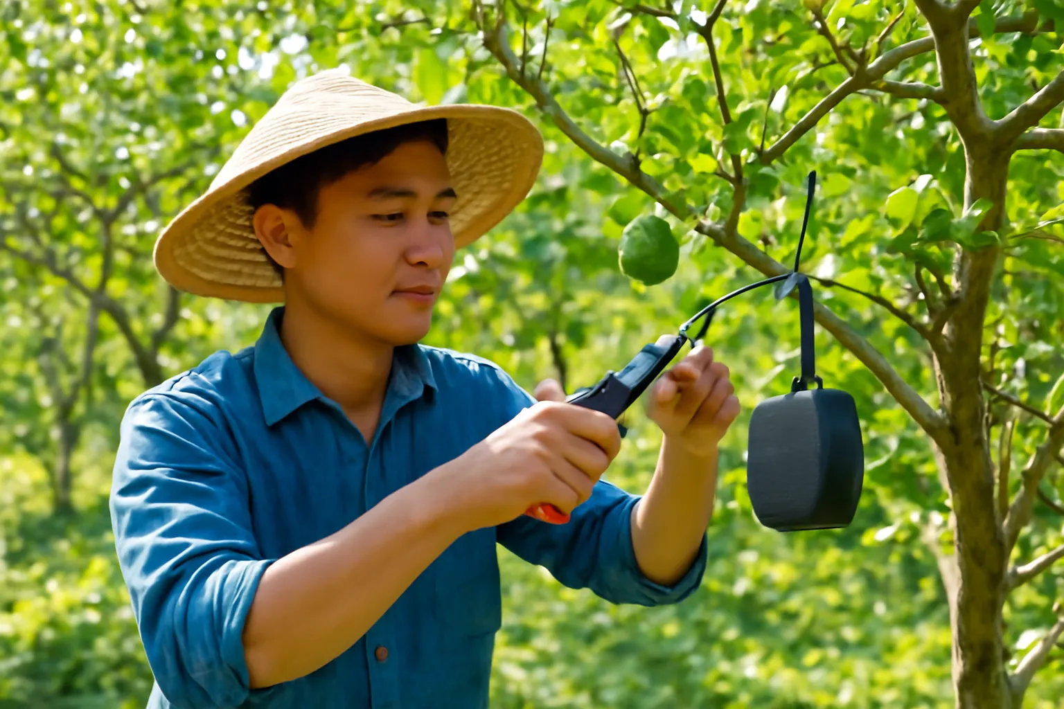 Người nông dân trẻ cắt tỉa cây trong vườn, chiếc loa nhỏ móc trên cành cây gần đó