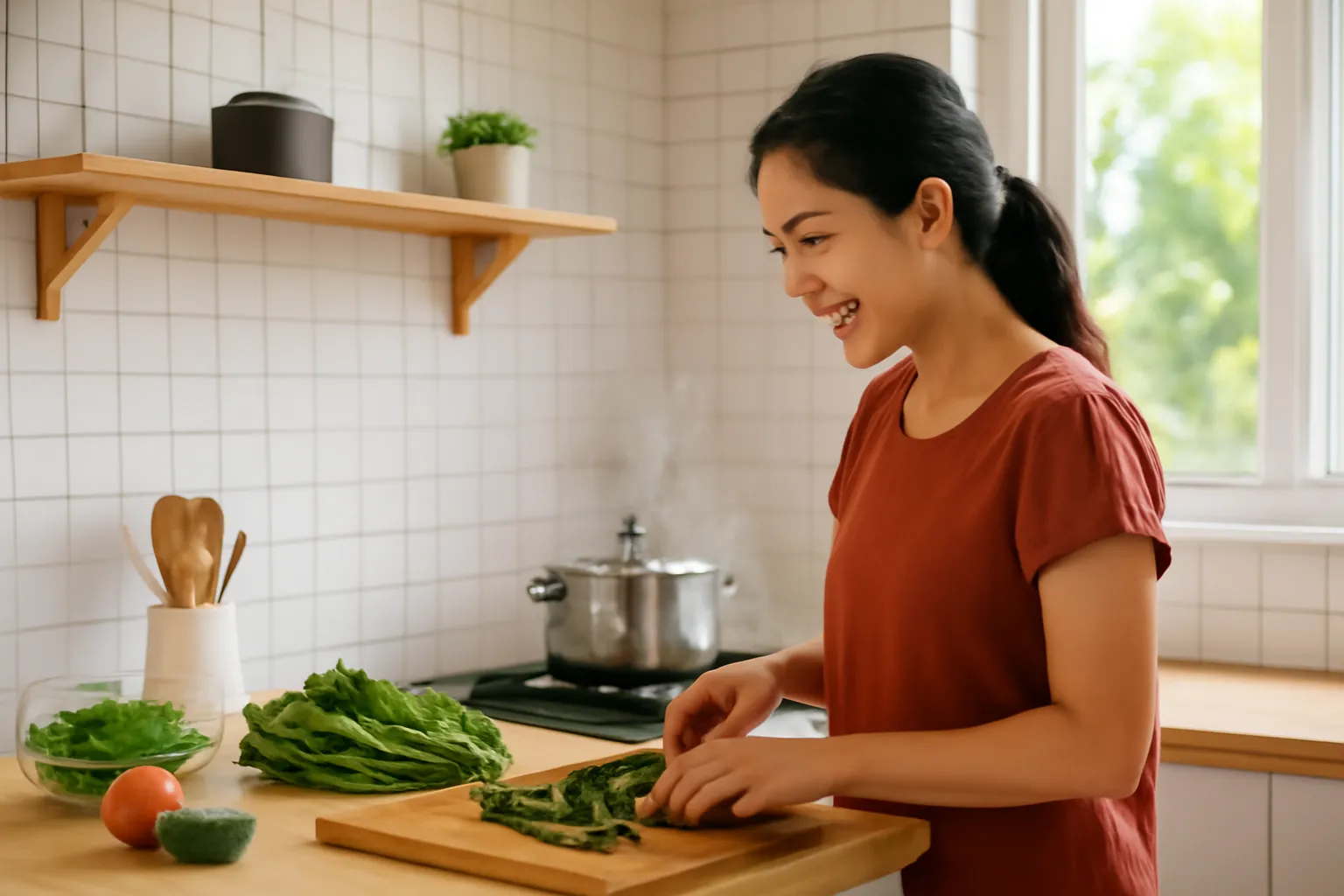 Người phụ nữ đang thái rau trong gian bếp sáng sủa, chiếc loa nhỏ đặt trên kệ xa bếp