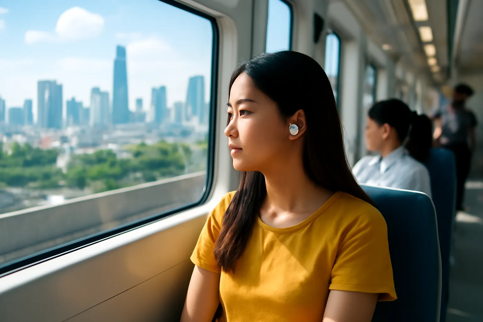 Cô gái trẻ ngồi cạnh cửa sổ tàu điện trên cao, đeo tai nghe, nhìn ra thành phố buổi sáng