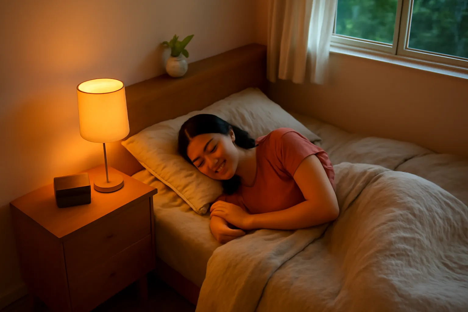 Phòng ngủ ấm áp lúc chạng vạng, người phụ nữ nằm đọc nhắm mắt, chiếc loa nhỏ trên kệ đầu giường