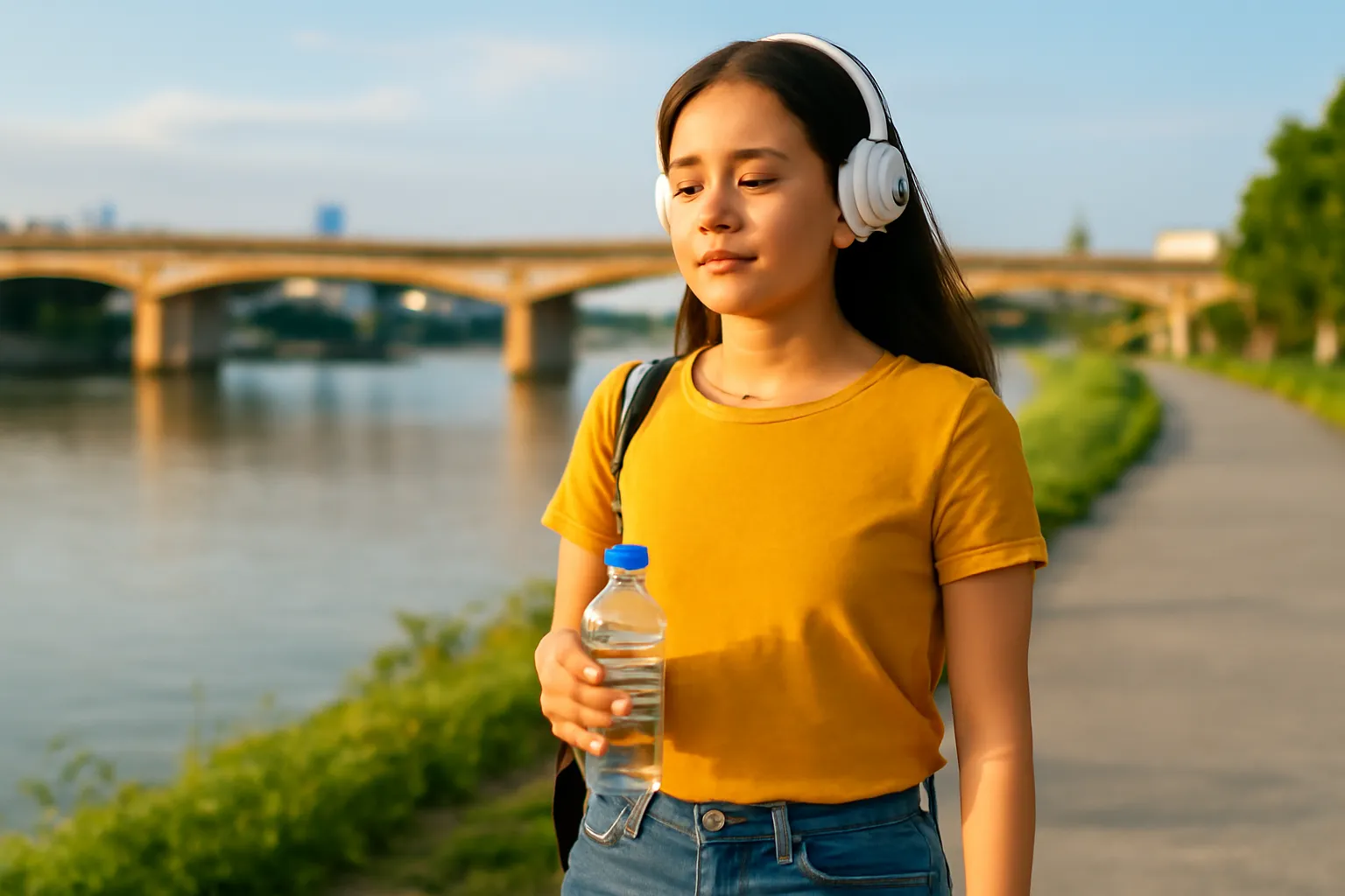 Cô gái đi bộ trên con đường ven sông lúc hoàng hôn, đeo tai nghe, tay cầm chai nước