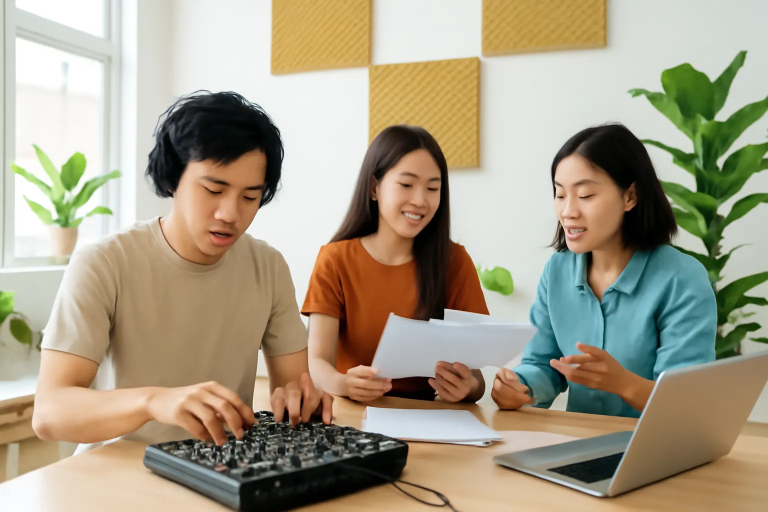 Nhóm ba người trẻ quanh bàn làm việc, một người đeo tai nghe chỉnh âm, hai người bàn kịch bản
