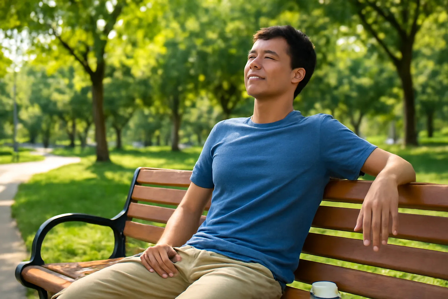 Người đàn ông ngồi thư giãn trên ghế đá công viên không đeo tai nghe, nhắm mắt tận hưởng gió