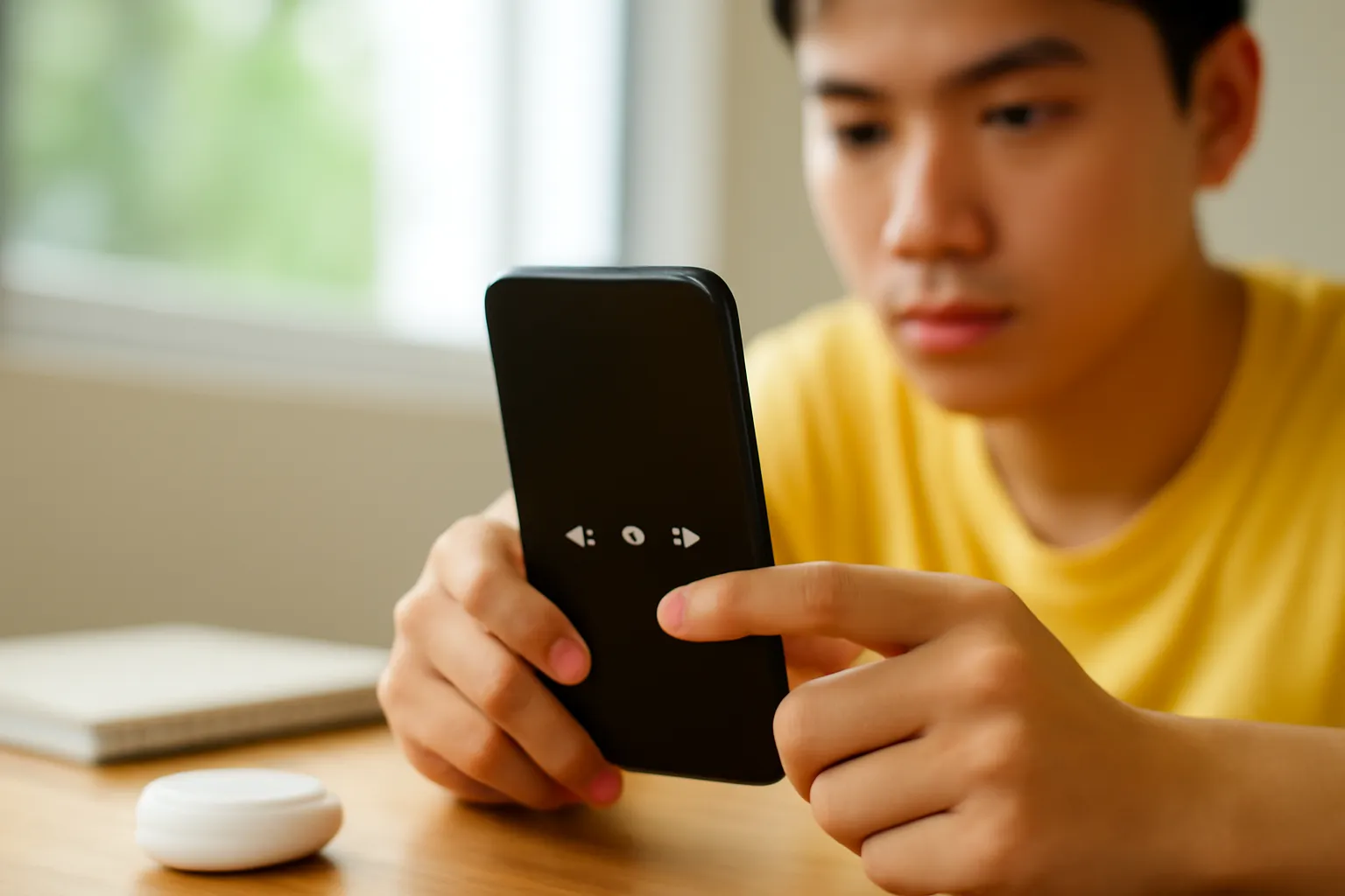 Ngón tay chạm vào nút tốc độ trên màn hình điện thoại tối, phía sau là bàn làm việc mờ