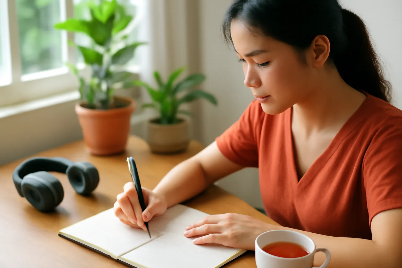 Người phụ nữ ngồi bên bàn gỗ ghi chép vào sổ tay sau khi tháo tai nghe, tách trà bên cạnh