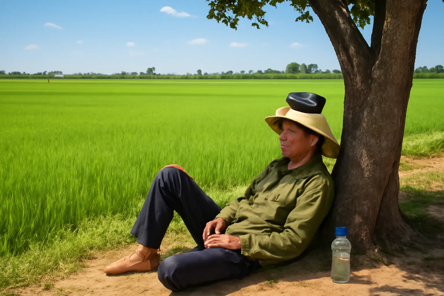 Người nông dân trung niên nghỉ trưa dưới bóng cây bên ruộng lúa, chiếc loa nhỏ đặt trên nón lá