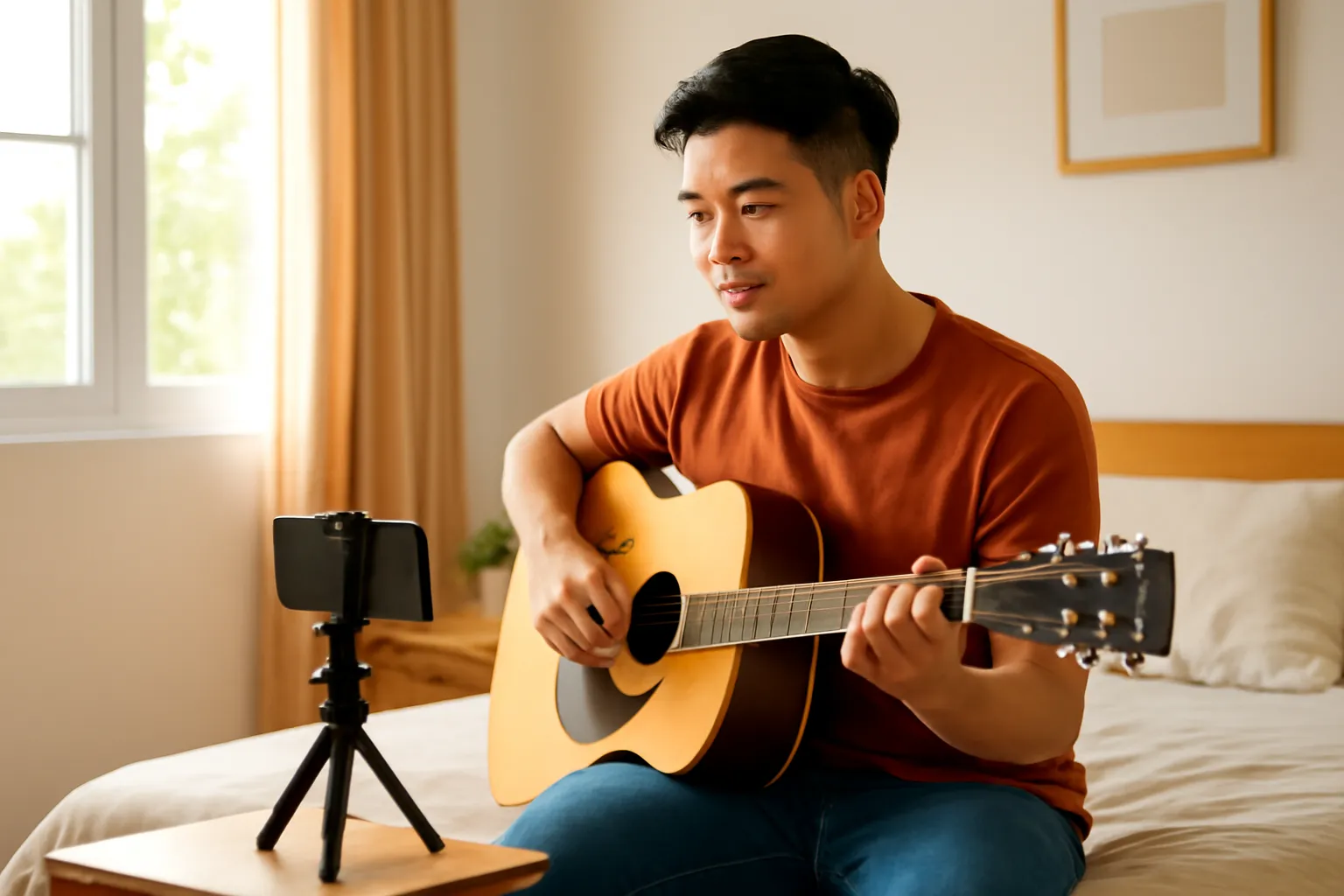Chàng trai trẻ ngồi đàn ghi ta mộc trong phòng, điện thoại đặt trên giá ba chân thu âm