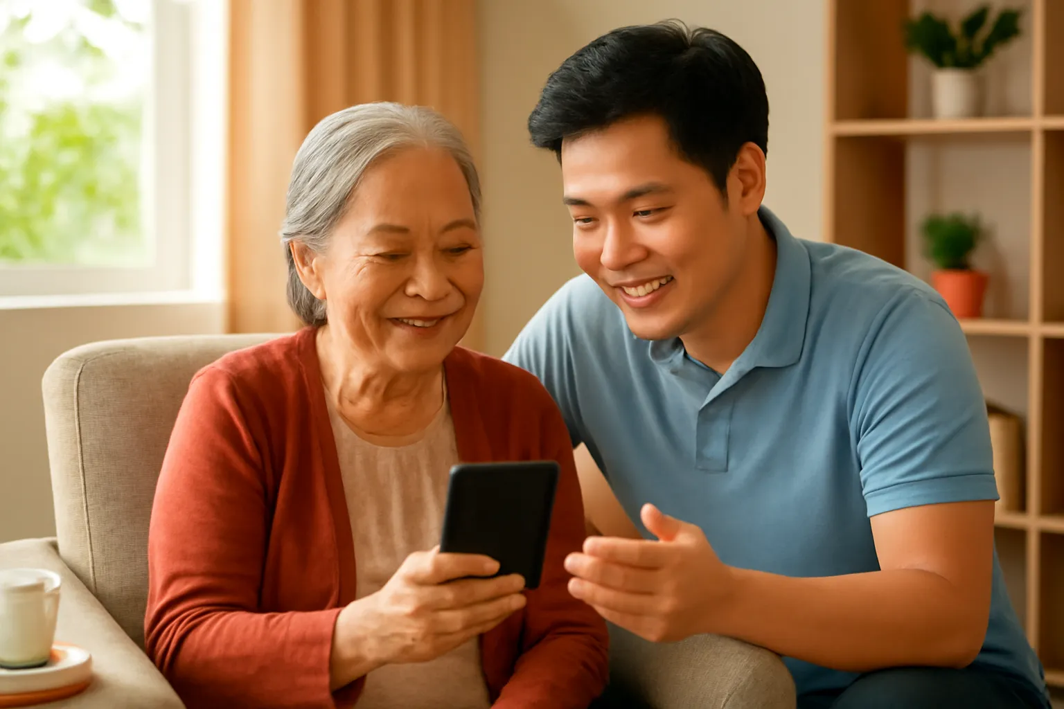 Bà cụ ngồi trên ghế, cầm điện thoại màn hình tối, cháu trai ngồi cạnh nghiêng người giải thích