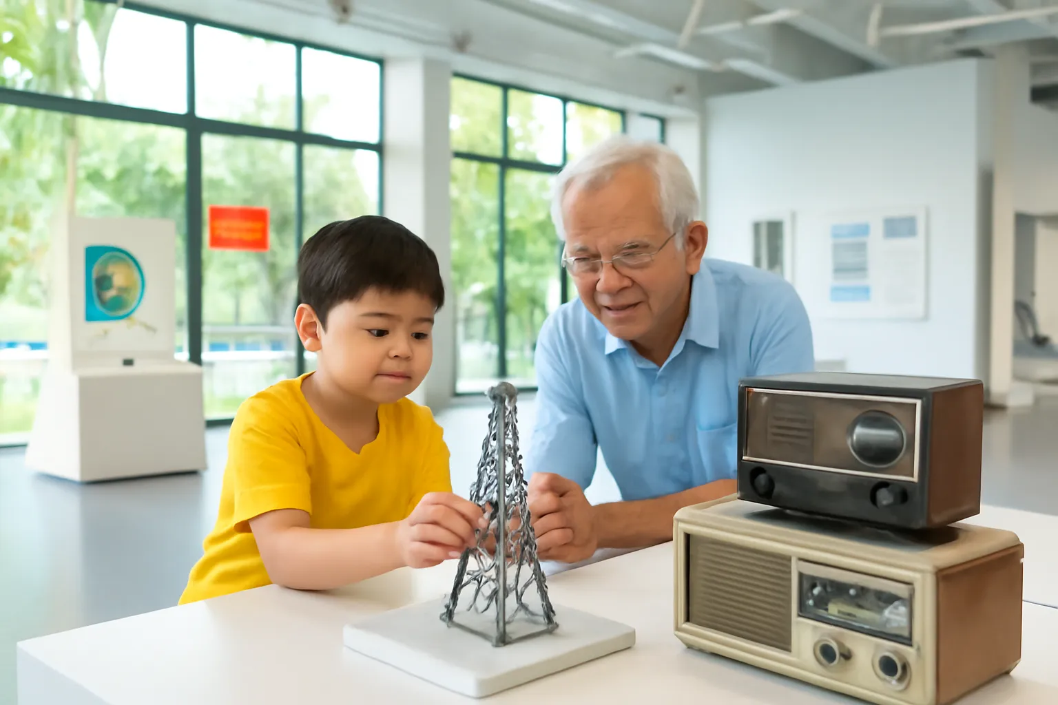 Cụ ông và cháu trai xem mô hình cột ăng ten phát sóng nhỏ trong một bảo tàng sáng sủa