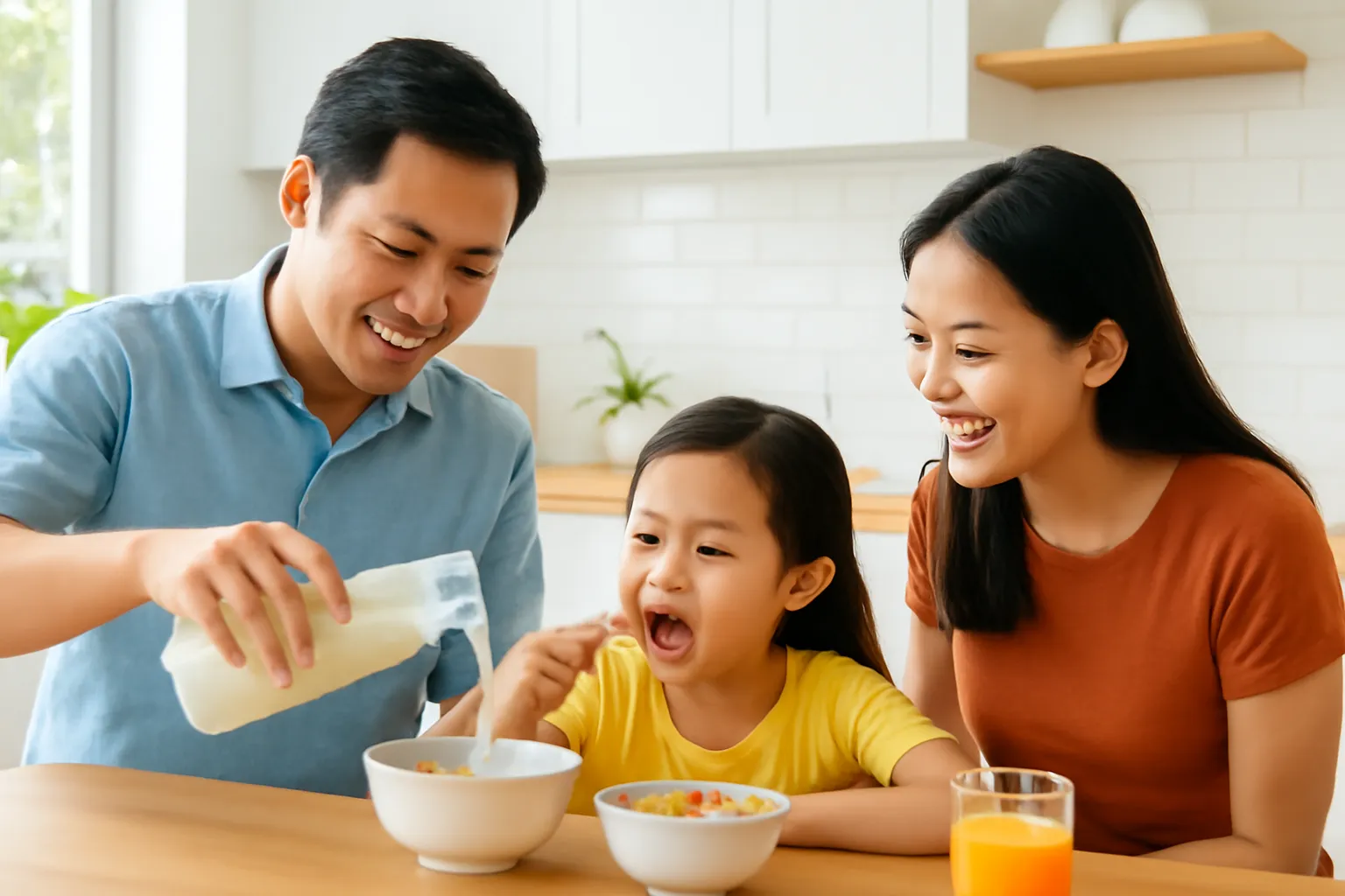 Gia đình trẻ trong bếp, chiếc loa thông minh nhỏ trên kệ đang phát chương trình buổi sáng
