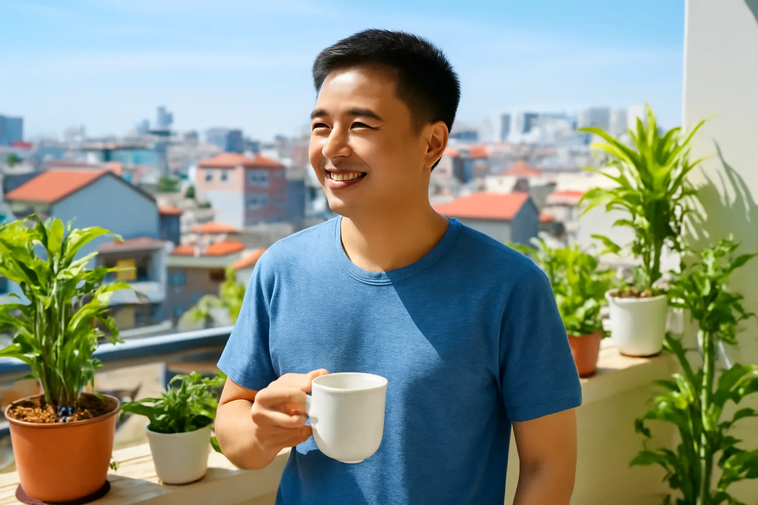 Người đàn ông trẻ đeo tai nghe không dây đứng chờ trên ban công căn hộ buổi sáng
