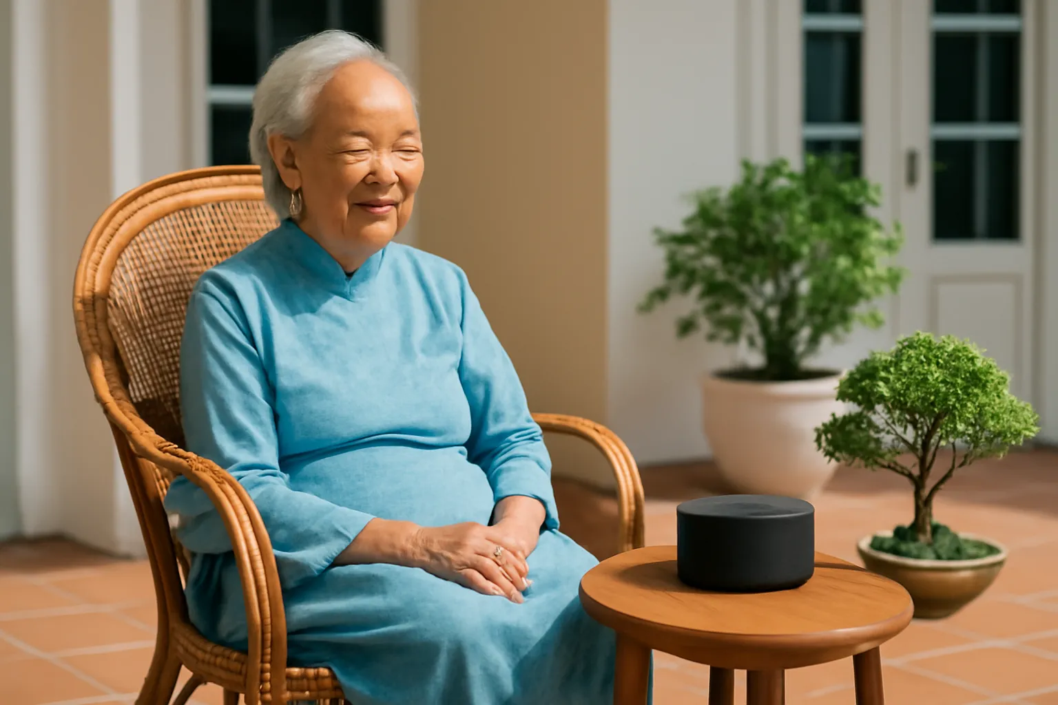 Bà cụ ngồi trên ghế mây ngoài hiên, mỉm cười nghe chiếc loa nhỏ đặt trên bàn trà