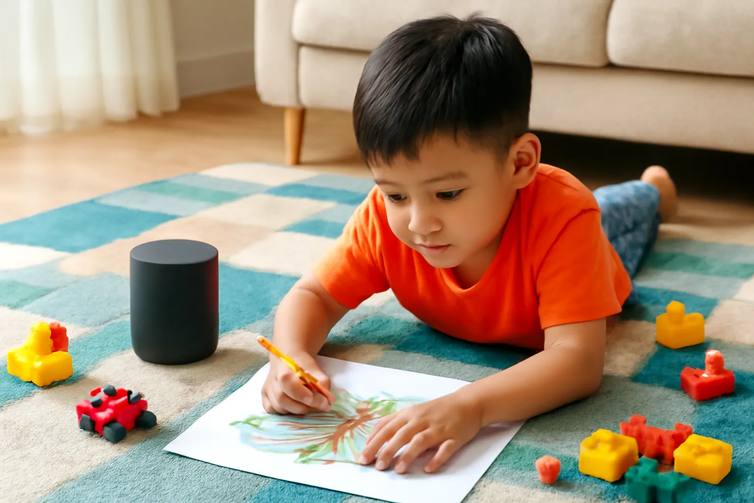 Cậu bé nằm sấp trên thảm phòng khách tô màu, chiếc loa nhỏ bên cạnh đang kể chuyện