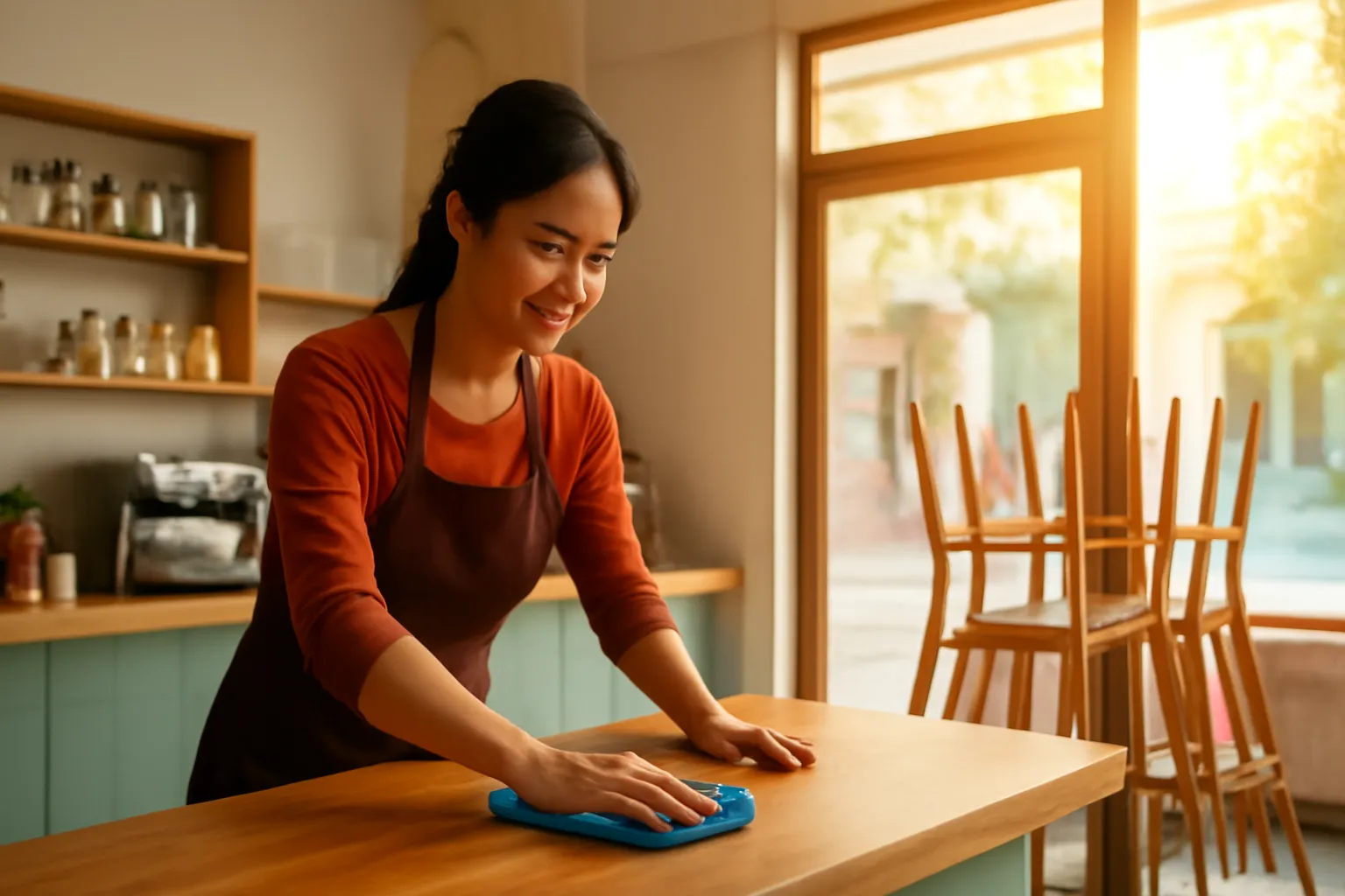 Người phụ nữ chủ quán cà phê nhỏ lau quầy buổi sáng sớm, đeo tai nghe, nắng chiếu qua cửa kính