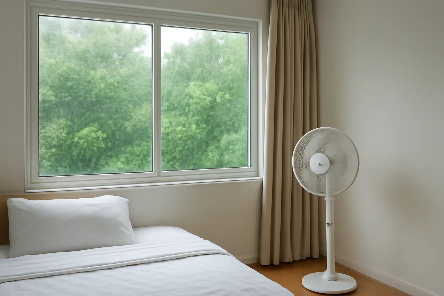 Cửa sổ phòng ngủ nhìn ra mưa rơi trên tán cây xanh, chiếc quạt đứng quay nhẹ bên cạnh giường