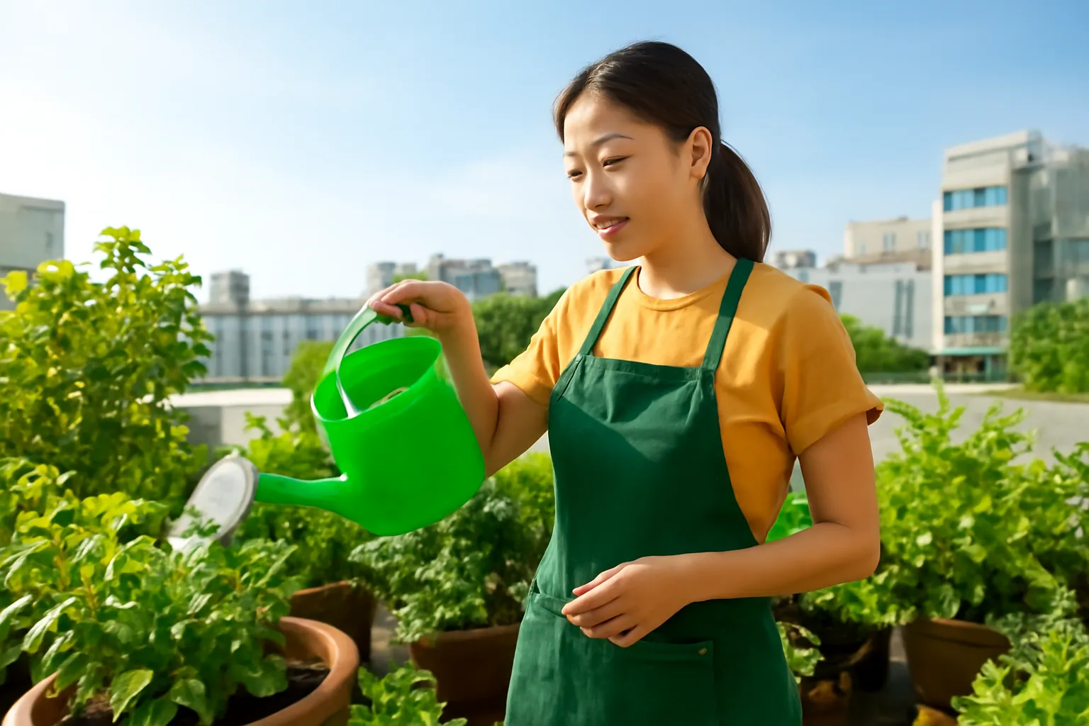 Người phụ nữ trẻ vừa tưới cây vừa nghe tai nghe không dây trên sân thượng nhiều cây xanh