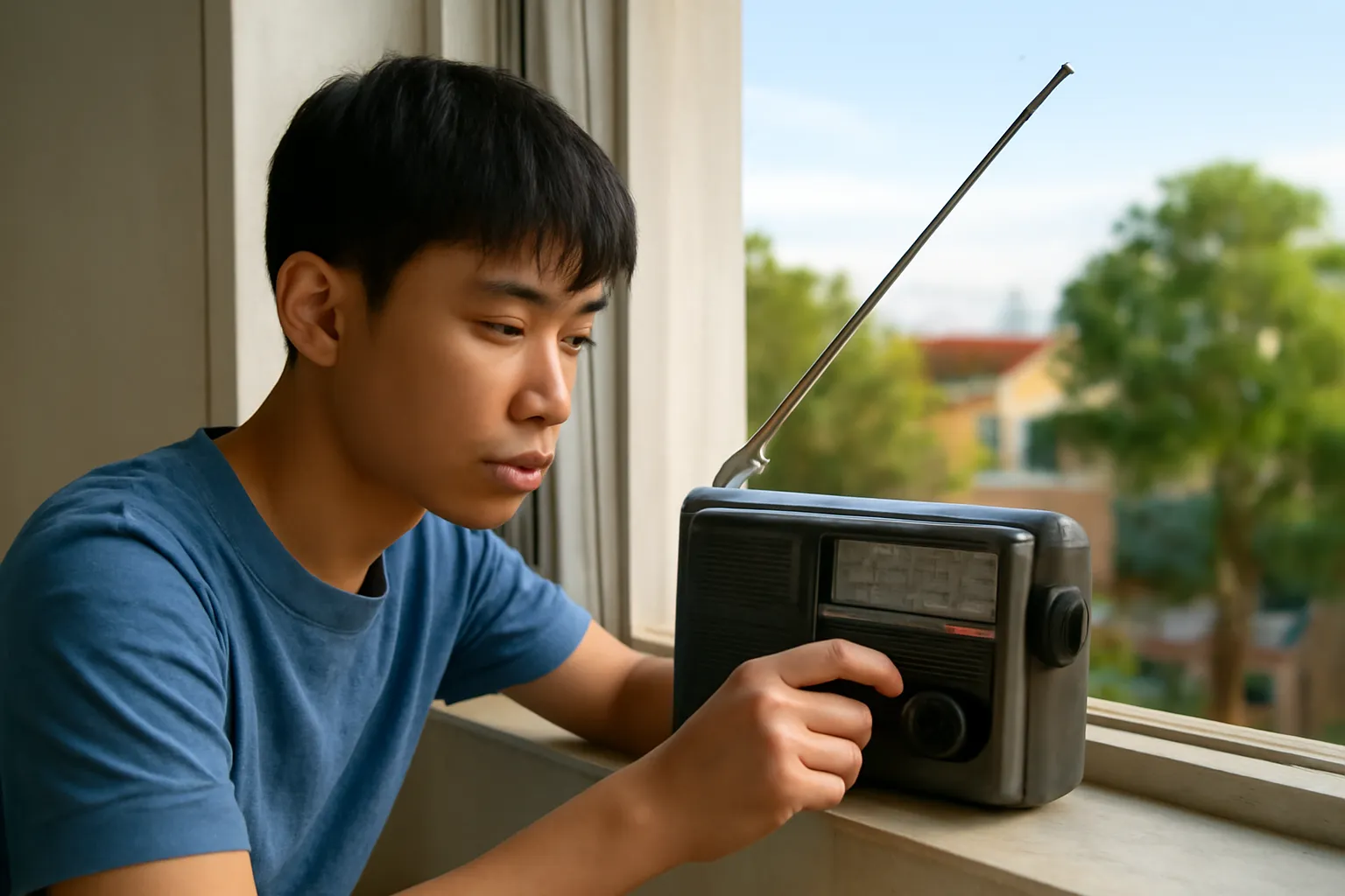Thiếu niên xoay núm dò sóng chiếc đài cũ bên cửa sổ, cần ăng ten rút dài