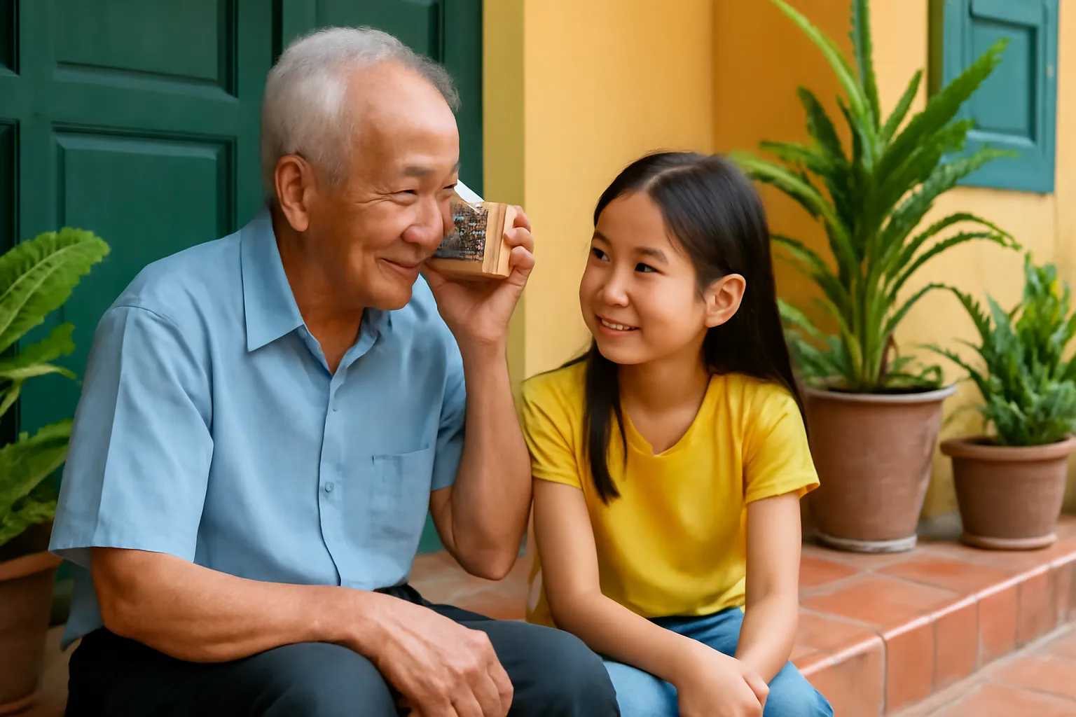Người ông lớn tuổi ngồi hiên nhà áp tai vào chiếc đài bán dẫn cũ, cháu nhỏ ngồi cạnh