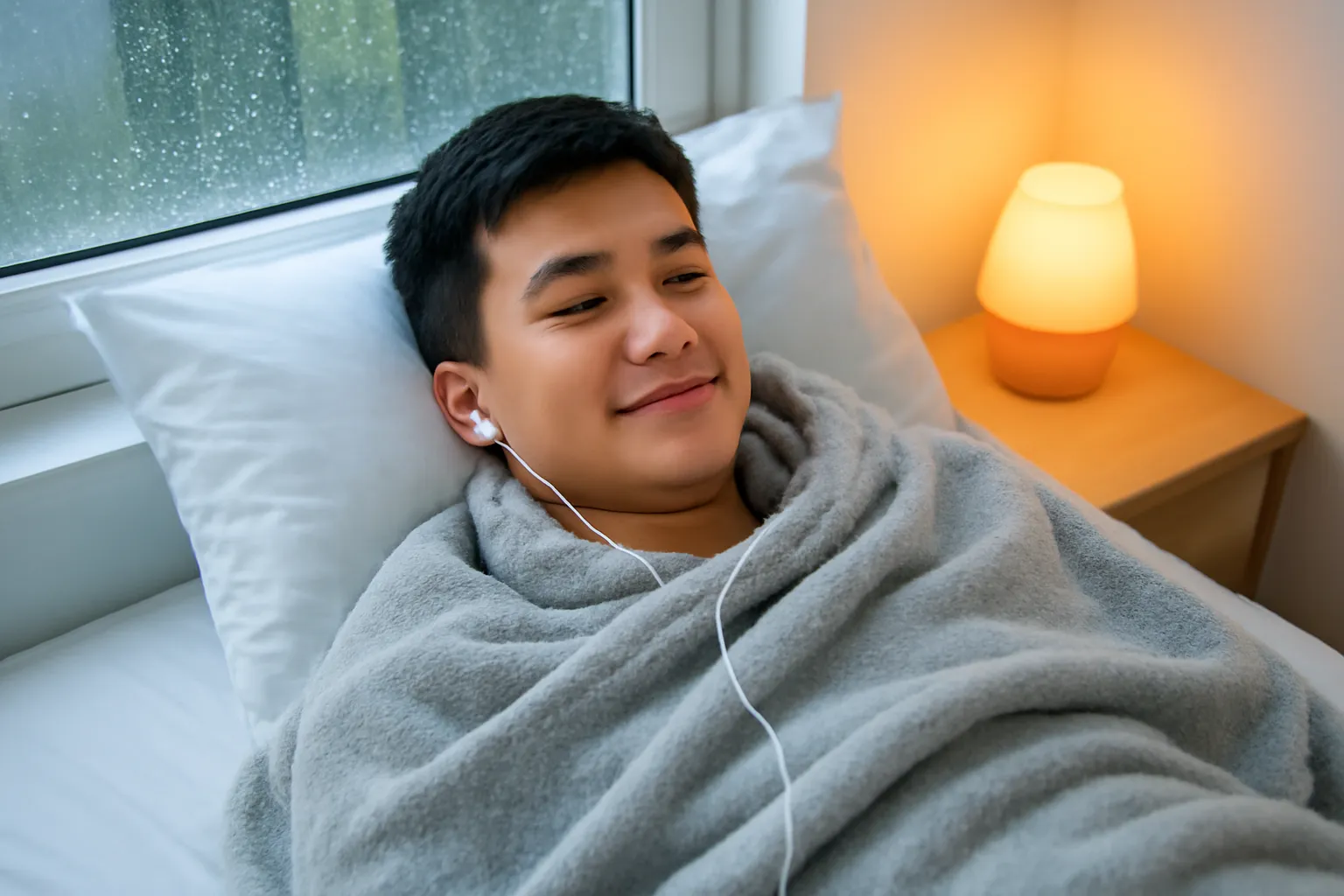 Chàng trai trẻ trùm chăn nằm trên giường, tai nghe bên gối, căn phòng tối ấm ánh đèn ngủ