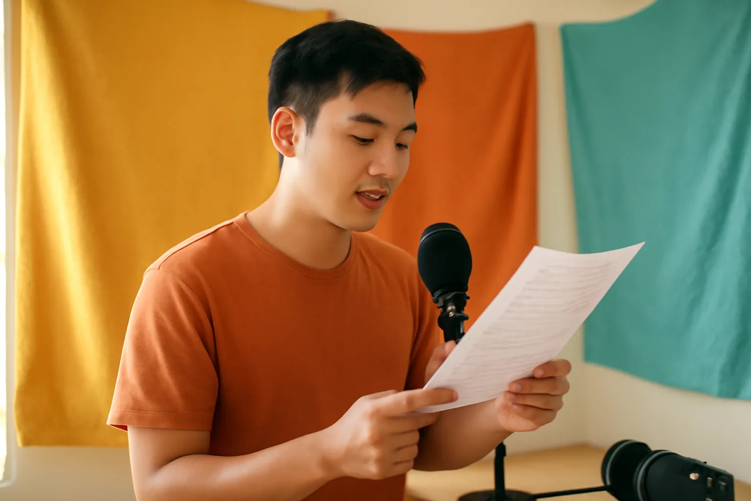 Người đàn ông trẻ đứng đọc to bản viết tay trong căn phòng nhỏ treo chăn cách âm, micro đặt trên bàn